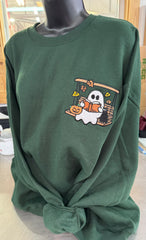 Ghost In Swing Reading On A Hunter Green Crewneck